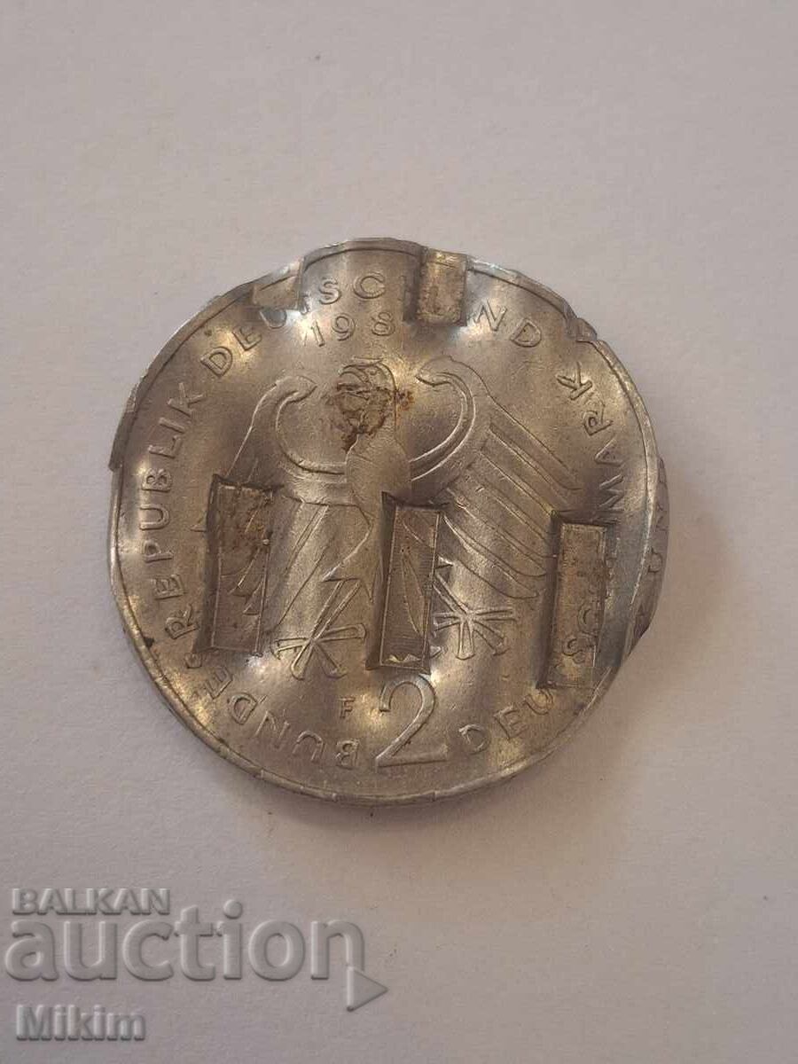 Monedă 2 mărci 1987 Germania, distrusă de monetărie