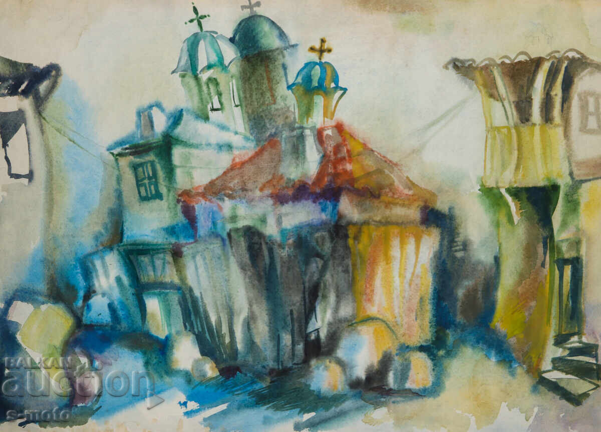 Δημοπρασία Πίνακας ακουαρέλας αγροτικό τοπίο