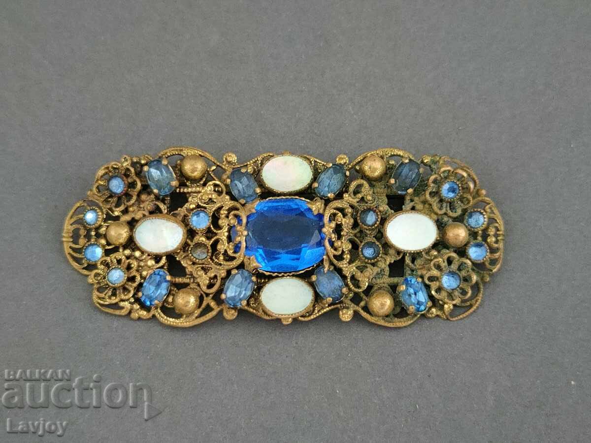 Auction  Gold-plated vintage openwork brooch with mother-of-pearl