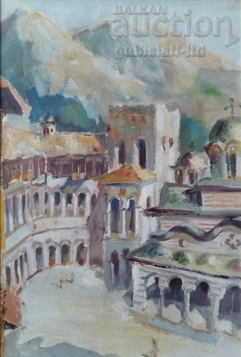 Картина "Рилски манастир", 1971 г., худ. П. Петров с цена € 350.00 | 684.54 лв.