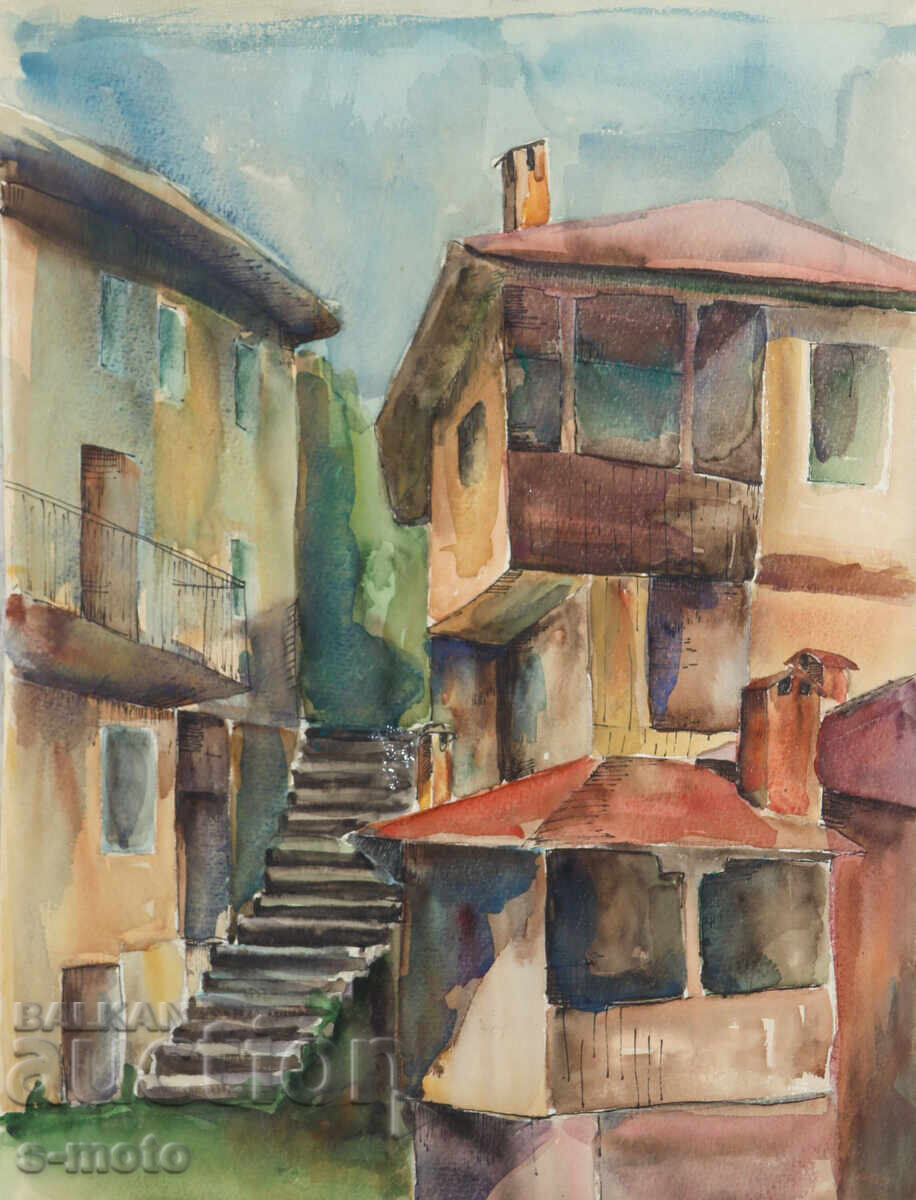 Аукцион Стара картина акварел градски пейзаж