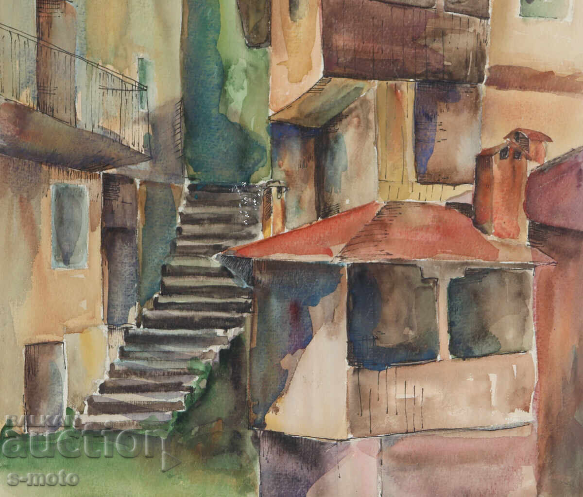 Стара картина акварел градски пейзаж - 5