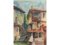 Стара картина акварел градски пейзаж