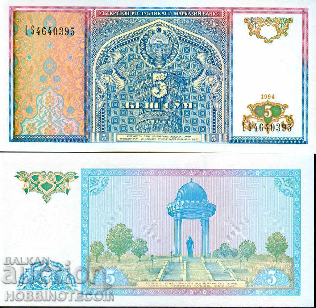 UZBEKISTAN OZBEKISTAN 5 Sum issue issue 1994 NEW UNC