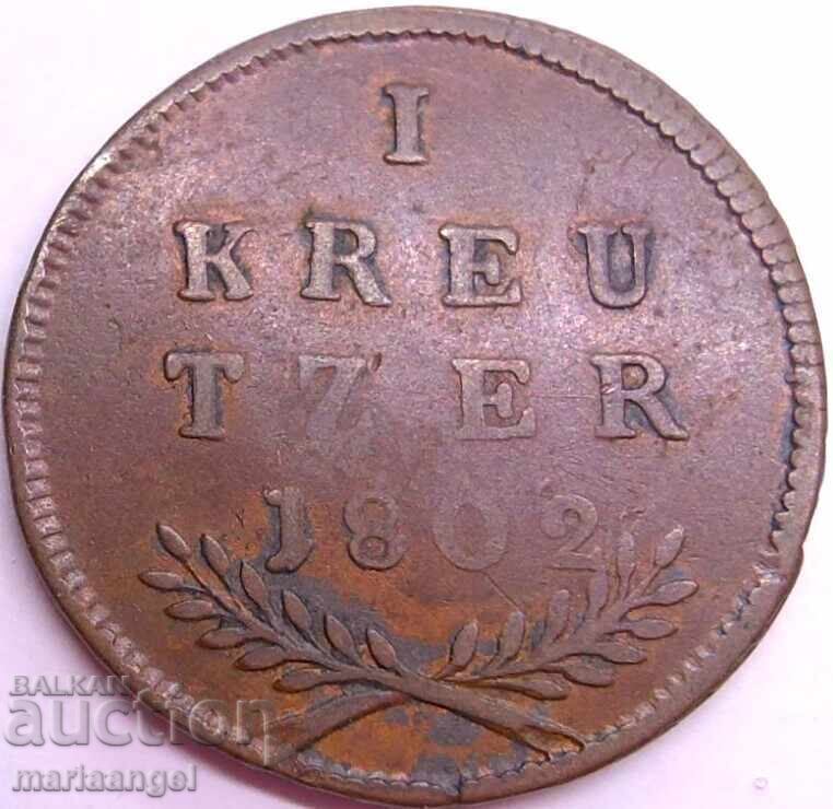 Livrarea 1 kreĭtser 1802 Austria Salzburg 5,42g 24mm cupru