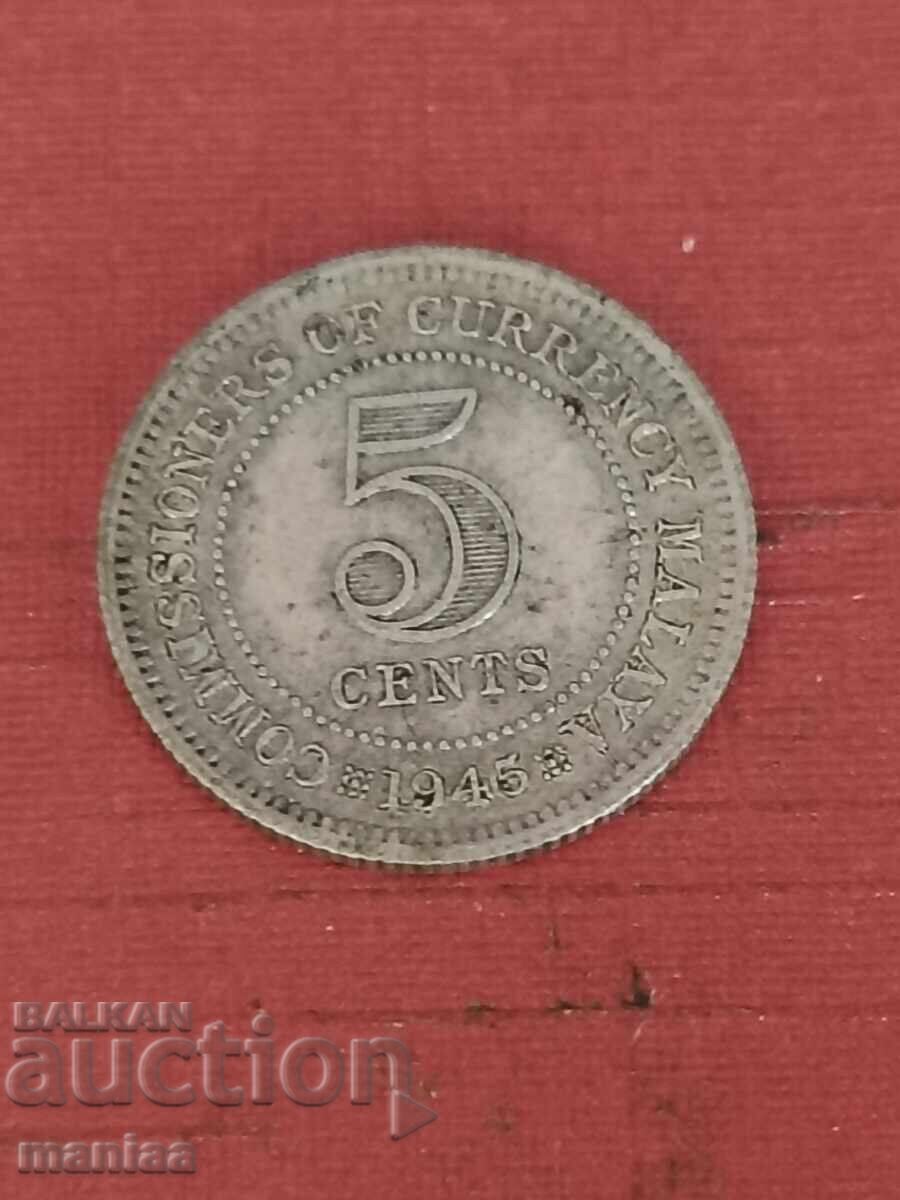 5 Cents Straits Settlements 1945 Silver with price € 12.00 | 23.47 BGN