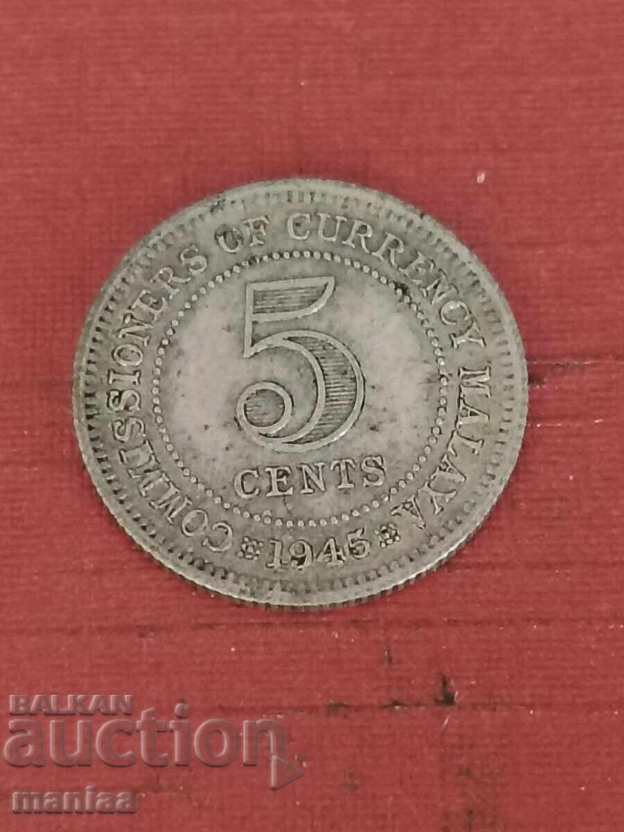 5 Cents Straits Settlements 1945 Silver