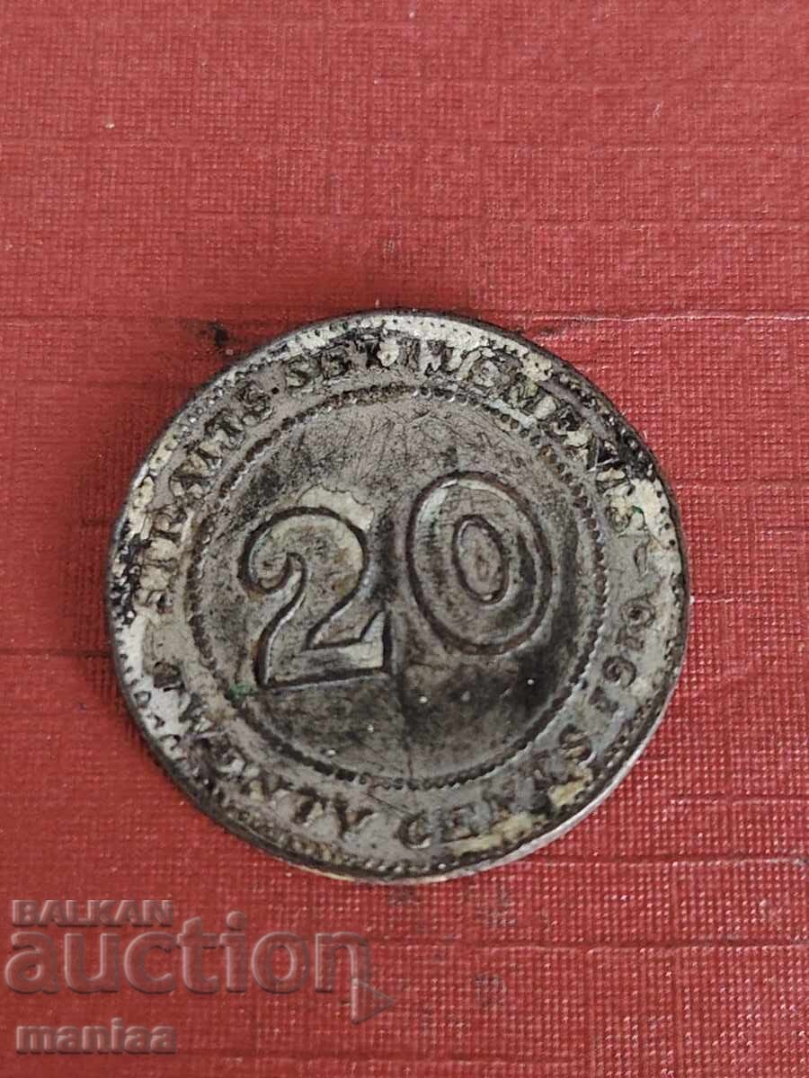 20 Straits Settlements 1910 silver