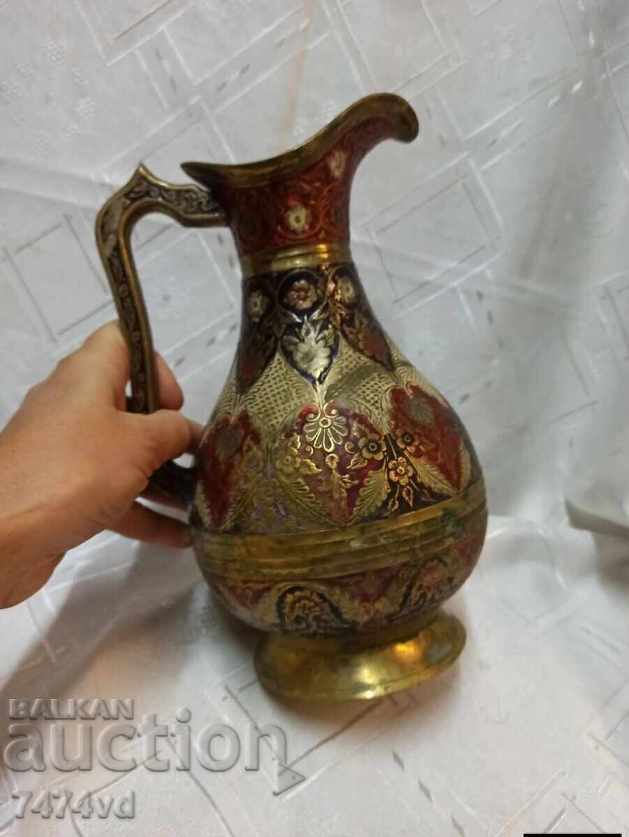 Antique bronze engraved pitcher – floral enamel – handmade - 6