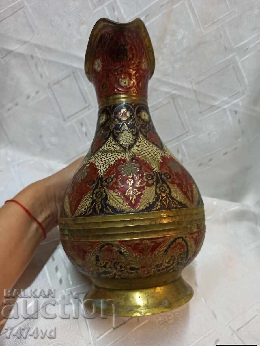Antique bronze engraved pitcher – floral enamel – handmade - 7
