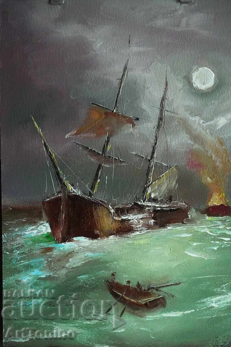 Night Storm-Ship-Oil painting(fine art)- A. Yordanov with price € 13.00 | 25.43 BGN