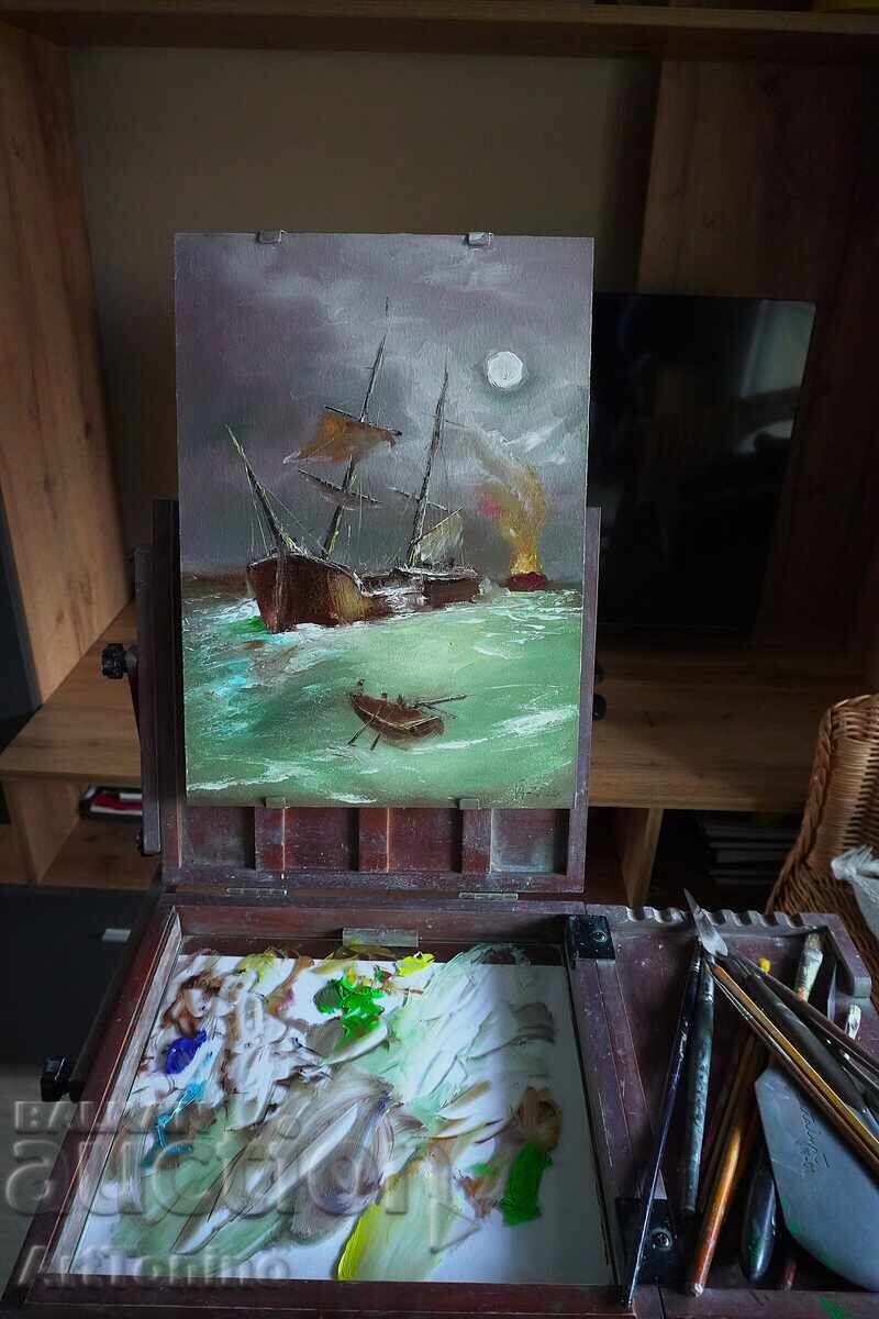 Auction  Night Storm-Ship-Oil painting(fine art)- A. Yordanov