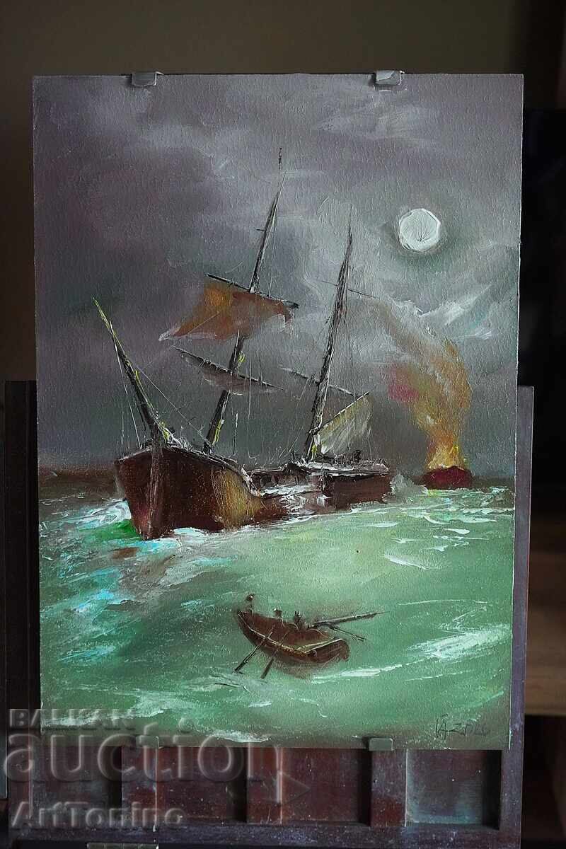 Night Storm-Ship-Oil painting(fine art)- A. Yordanov