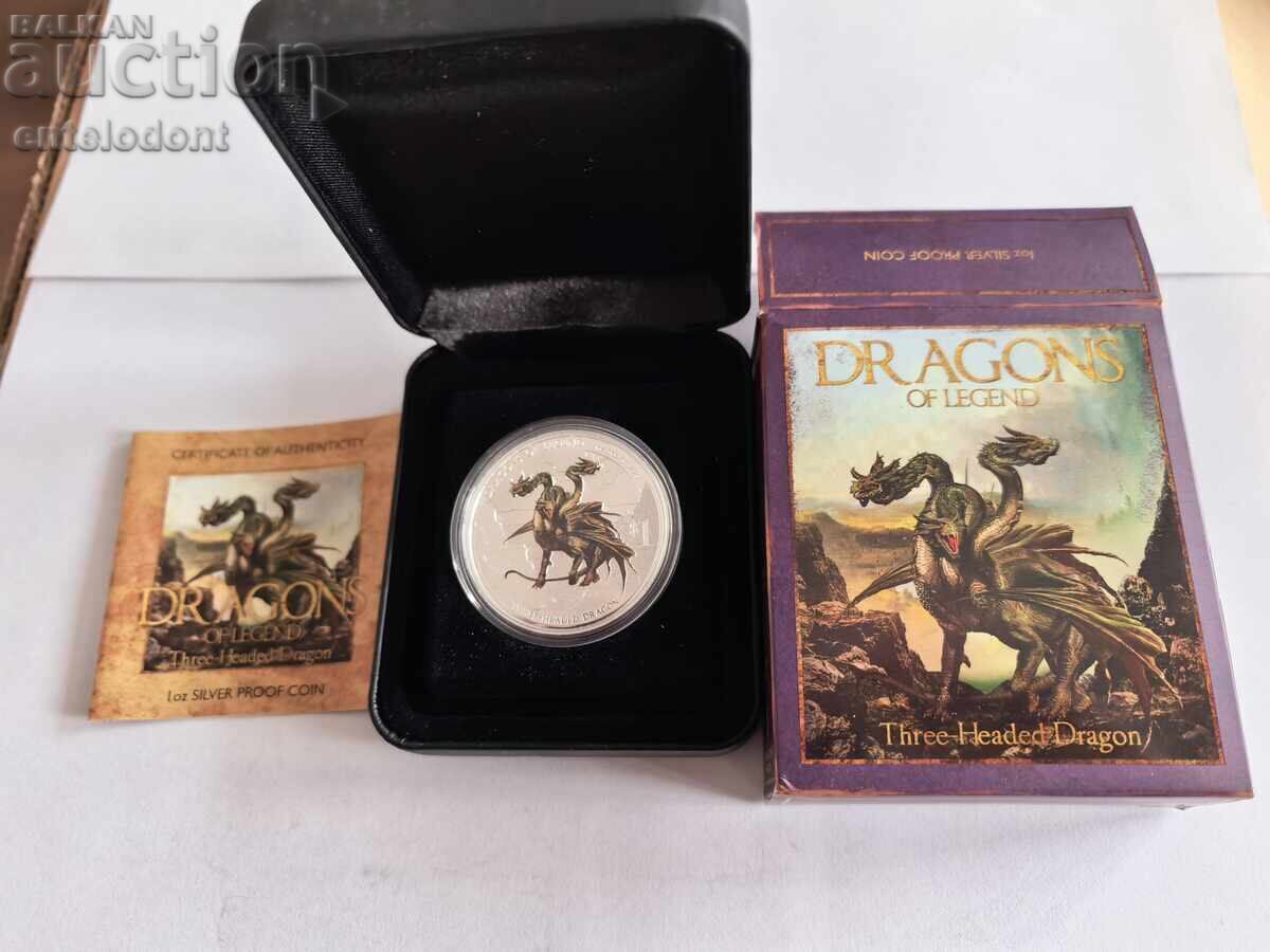 Auction  1 Dollar 2013 Tuvalu 1 oz Pure Silver THREE-HEADED DRAGON