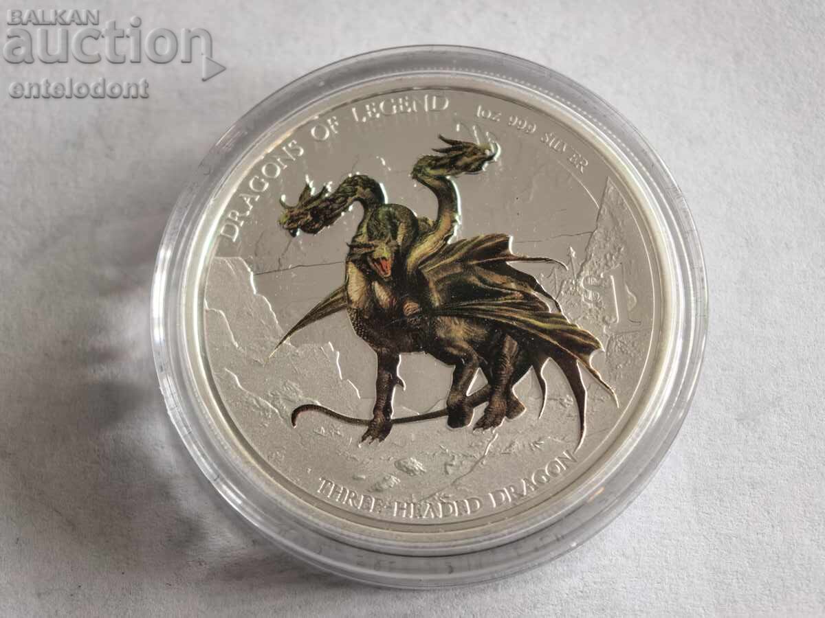 1 Dollar 2013 Tuvalu 1 oz Pure Silver THREE-HEADED DRAGON