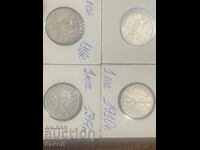 Lot of 4 silver Romanian lei 1910 - 1914