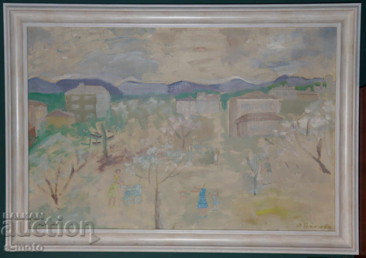 Ani Tringova ( 1947 - 1998 ) pictură în ulei peisaj urban cu preț € 500.00 | 977.92 BGN