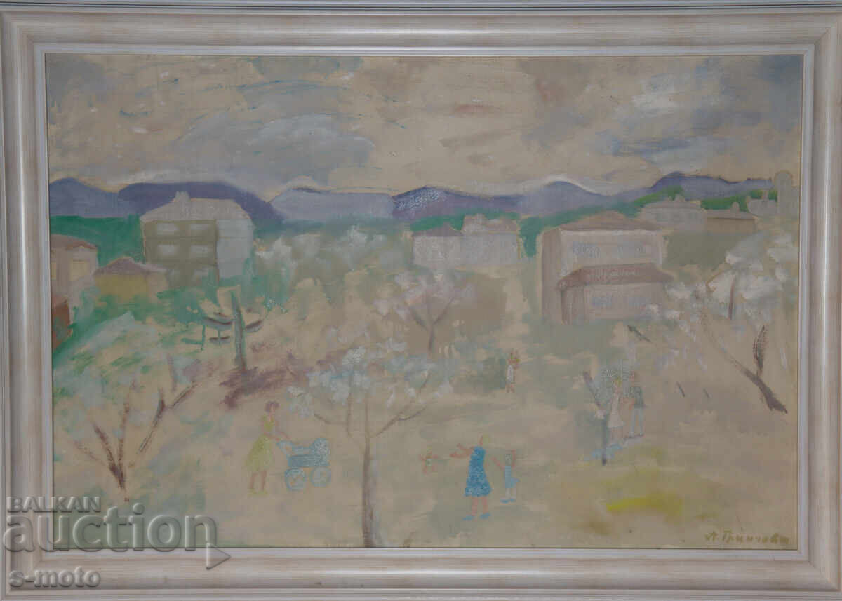 Ani Tringova ( 1947 - 1998 ) pictură în ulei peisaj urban