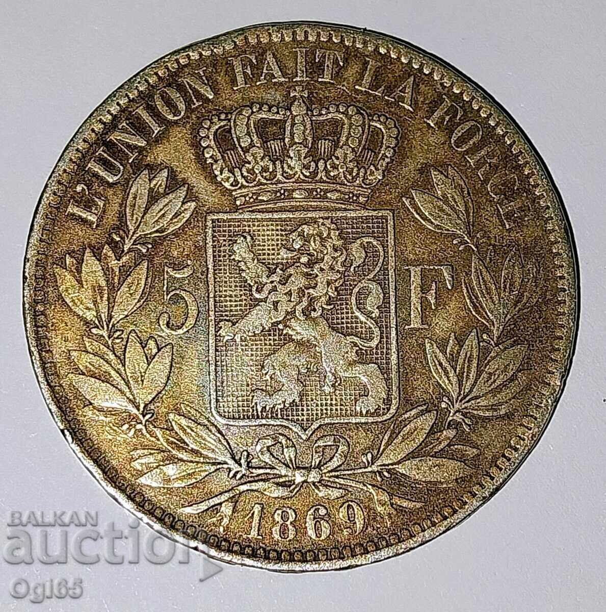 Veche monedă rară de argint din Belgia 5 Franci 1869