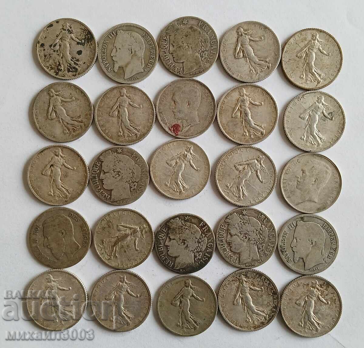 LOT MONEDE FRANCEZE DE ARGINT 25 buc. X 1 FRANC cu preț € 250.00 | 488.96 BGN