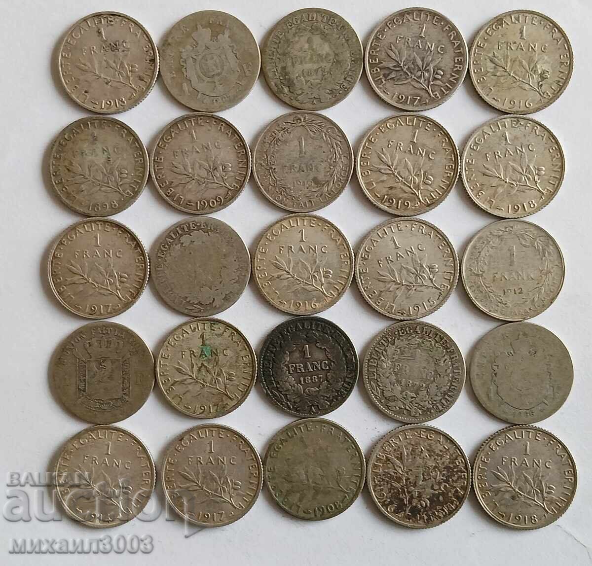 LOT MONEDE FRANCEZE DE ARGINT 25 buc. X 1 FRANC
