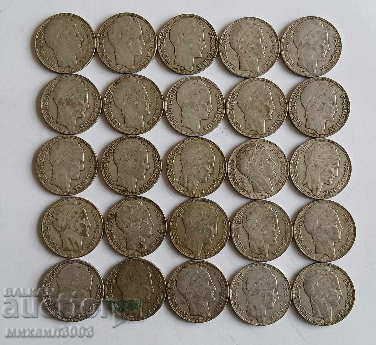 LOT FRENSKI SREBŬRNI MONETI 25 br. X 10 FRANKA με τιμή € 400.00 | 782.33 BGN