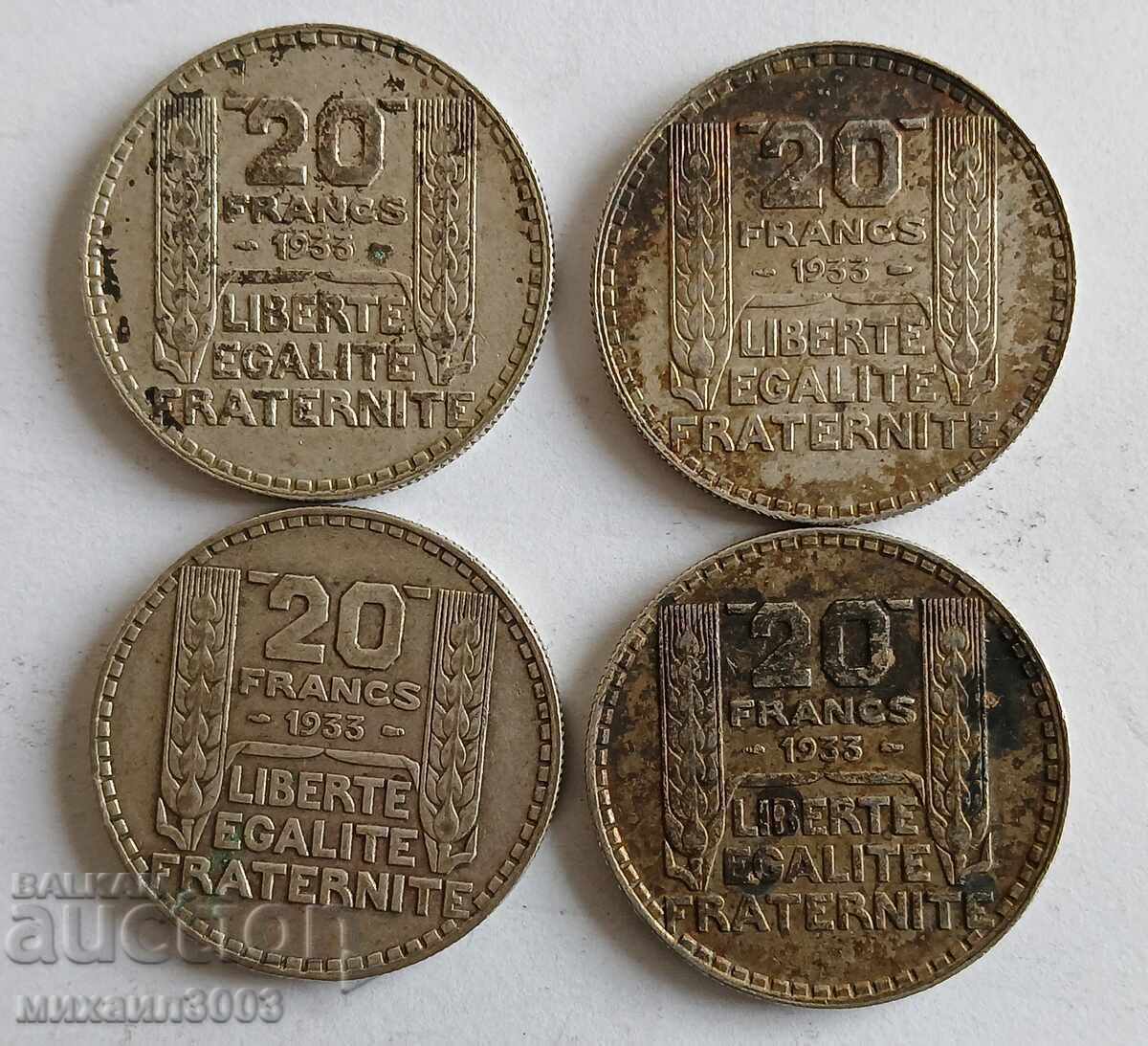 LOT MONEDE FRANCEZE DIN ARGINT 4 buc. X 20 FRANCI