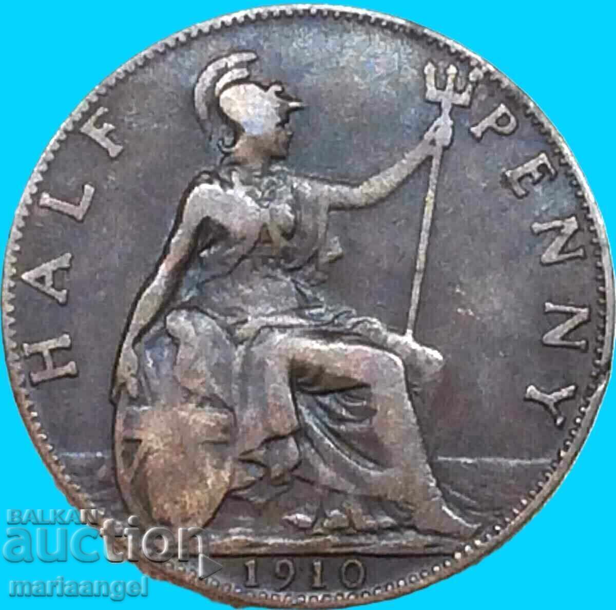 Marea Britanie 1/2 penny 1910 Edward VII - destul de rar cu preț € 6.60 | 12.91 BGN