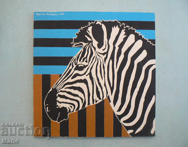 Pictură în ulei cu zebră. 60x60. 2021. Art. mARTger
