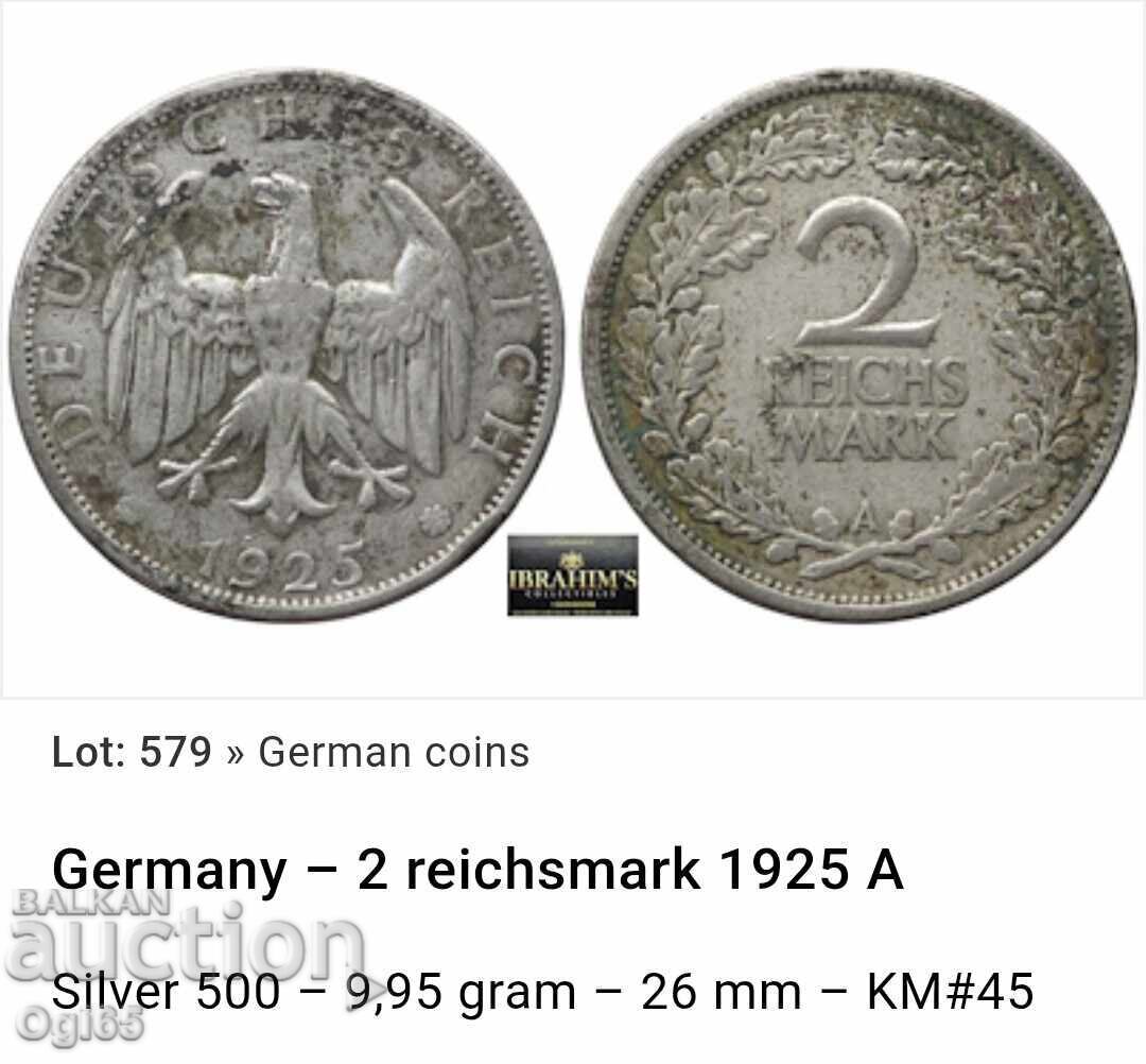 Licitație Monedă veche de argint din Germania 2 Marci 1925