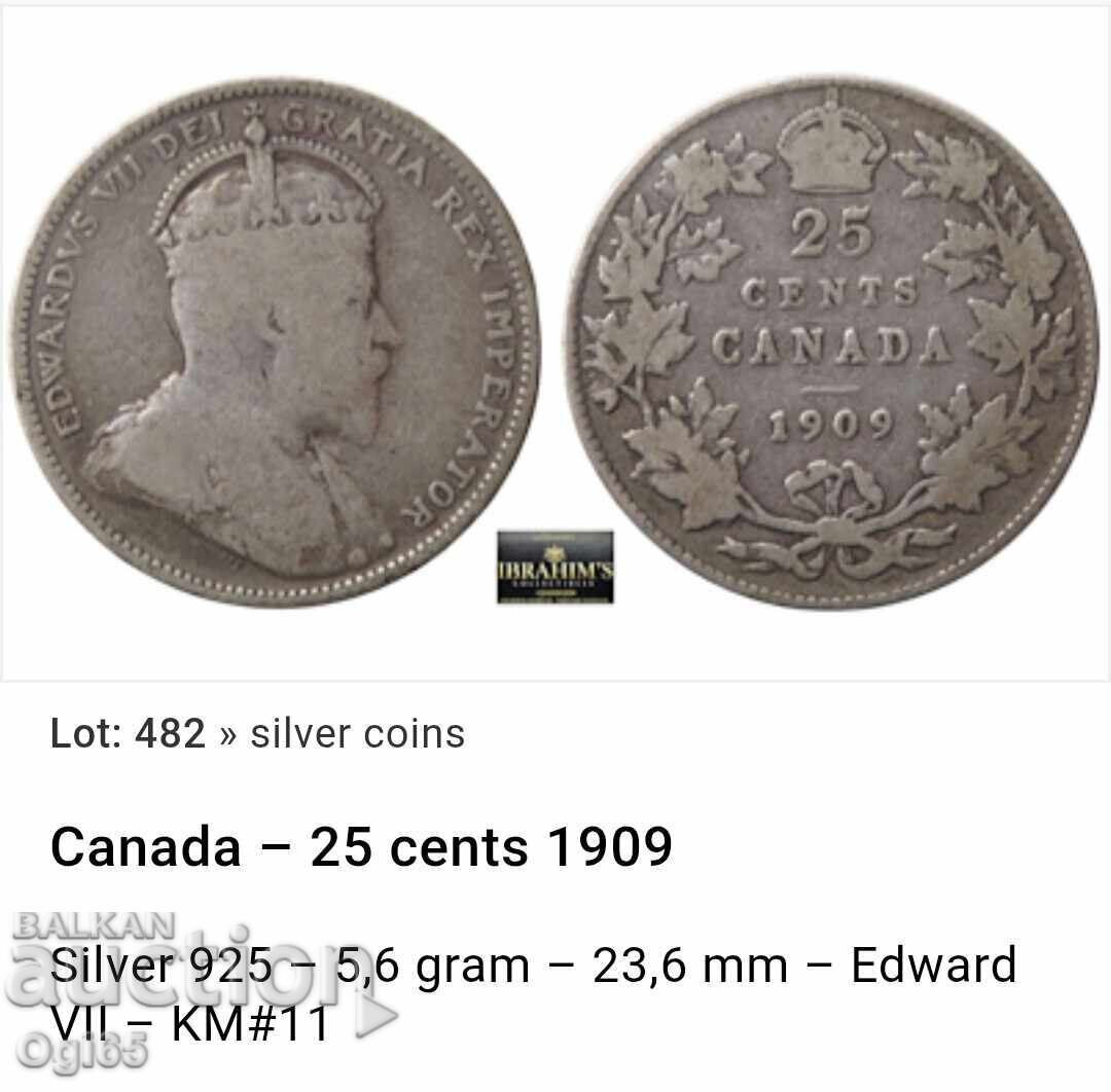 Δημοπρασία Παλιό ασημένιο νόμισμα Καναδά 25 Cents 1909