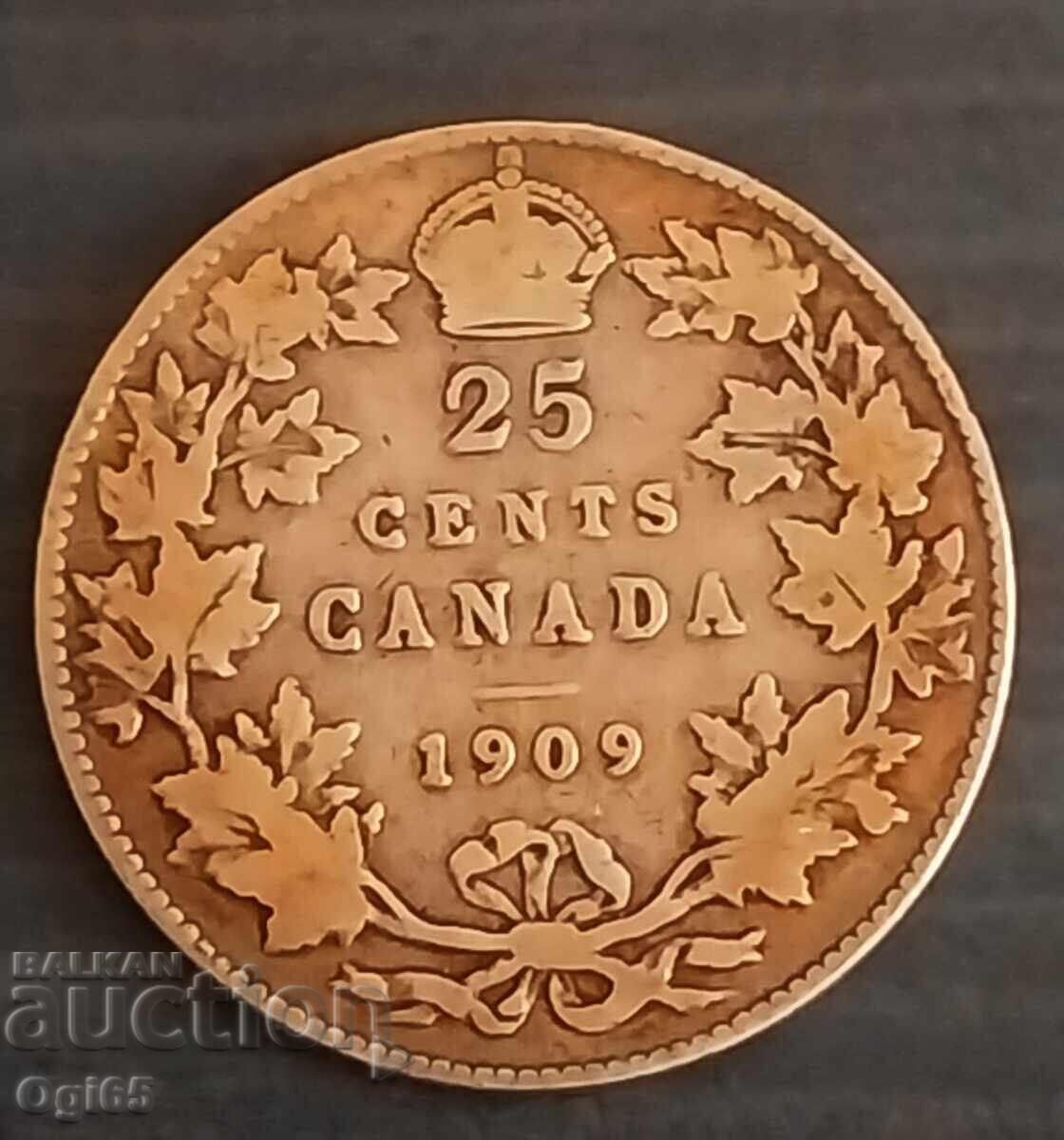 Παλιό ασημένιο νόμισμα Καναδά 25 Cents 1909
