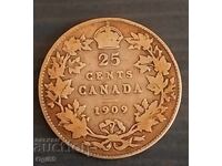 Monedă veche de argint din Canada 25 Cenți 1909