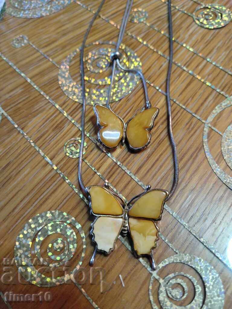 Сребърно кехлибар колие пеперуда висулка и гривна - 5