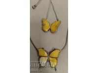 Сребърно кехлибар колие пеперуда висулка и гривна