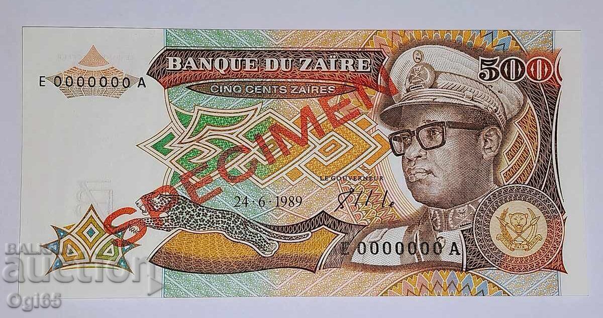 UNC. SPECIMEN. Bancnota din Zair 500 Centa 1989