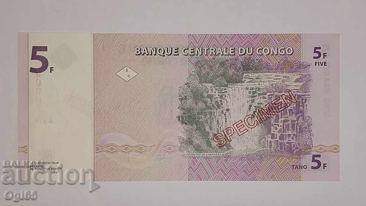 Licitație UNC. SPECIMEN. Bancnota din Republica Democratică Congo 5