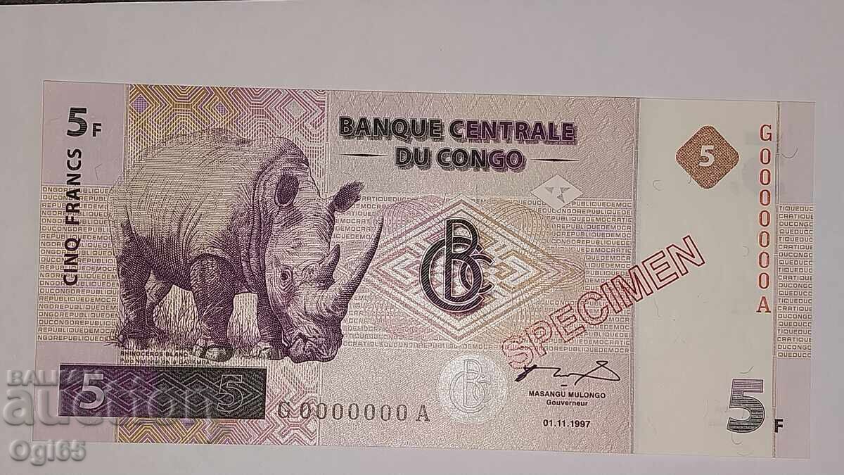 Livrarea UNC. SPECIMEN. Bancnota din Republica Democratică Congo 5