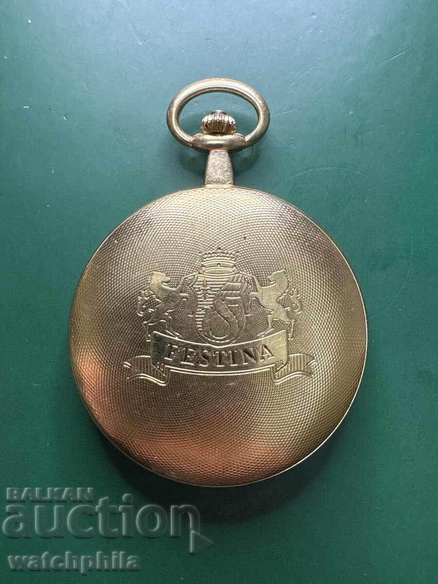 Επιχρυσωμένο ελβετικό ρολόι τσέπης Festina. Λειτουργεί. Άριστο με τιμή € 0.01 | 0.02 BGN