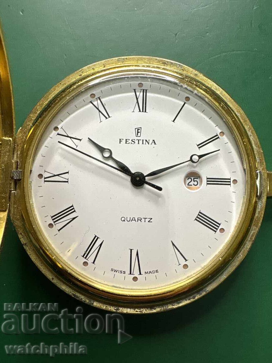 Παράδοση Επιχρυσωμένο ελβετικό ρολόι τσέπης Festina. Λειτουργεί. Άριστο