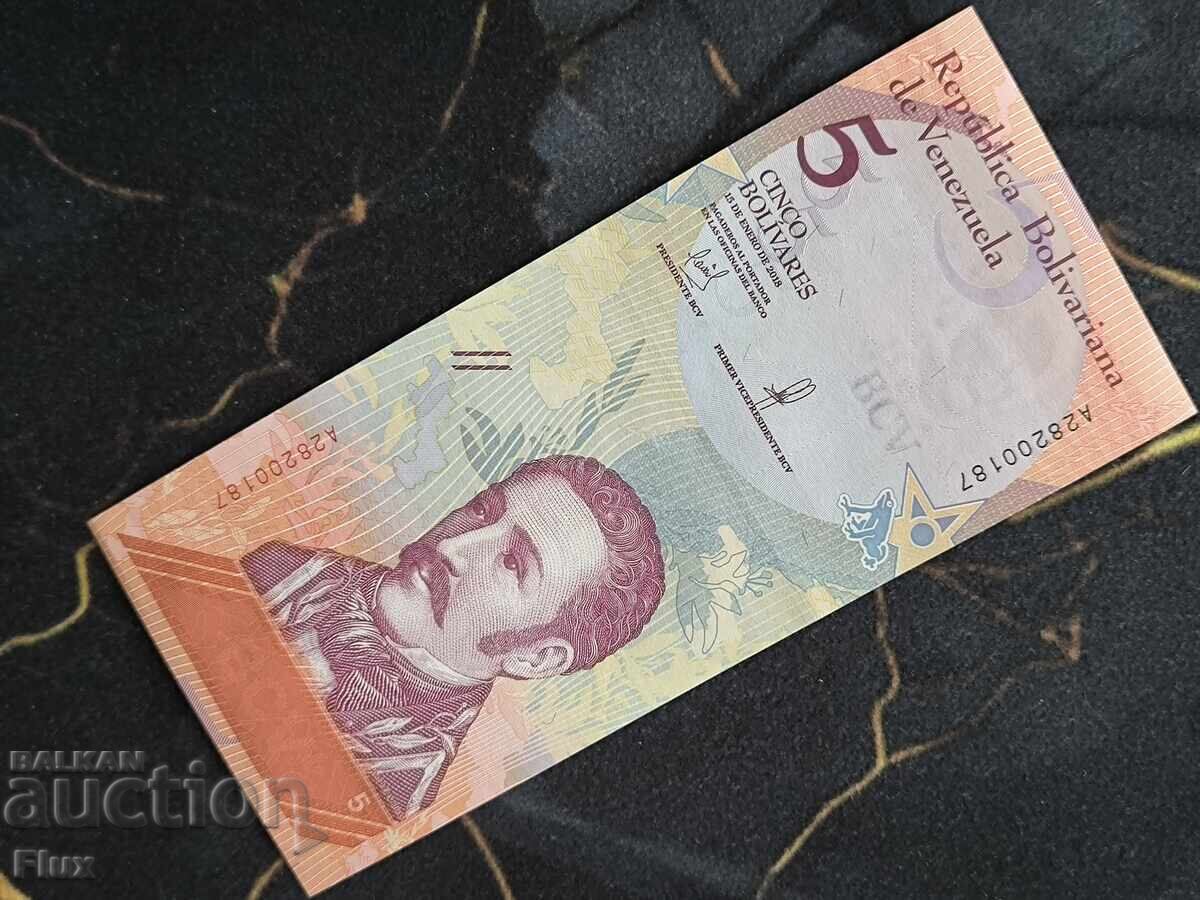 Bancnota - Venezuela - 5 bolivari UNC | 2018
