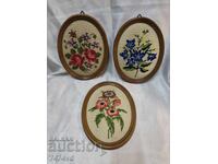 Three uniquely beautiful small oval tapestries with flowers