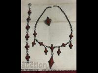 Art Deco γυναικείο ασημένιο σετ με κοράλλι 46 γραμμάρια