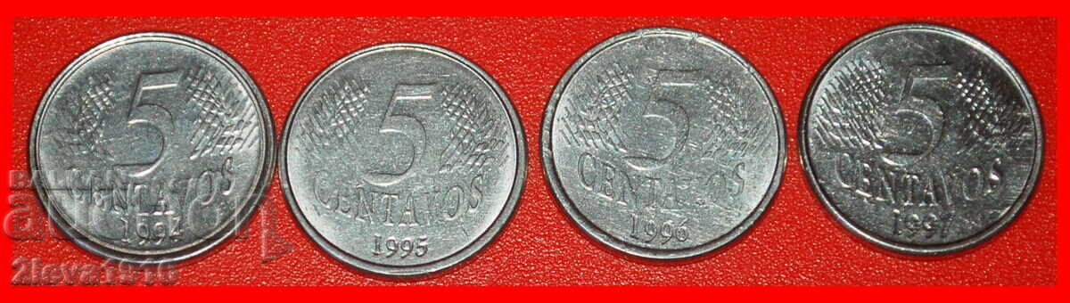 LAUREL HEAD: BRAZIL ★ 5 CENTAVOS 1994, 1995, 1996, 1997!