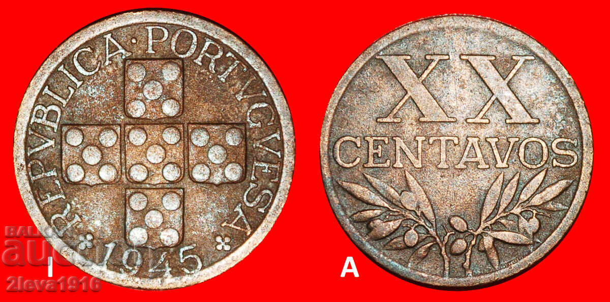 25 SILVER BEZANTS (1942-1969): PORTUGAL ★ 20 CENTAVOS 1945