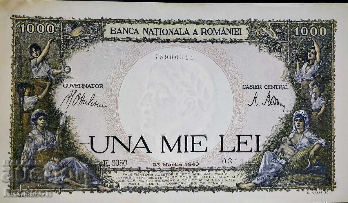 Licitație UNC. Bancnotă foarte rară din România 1000 Lei 1943