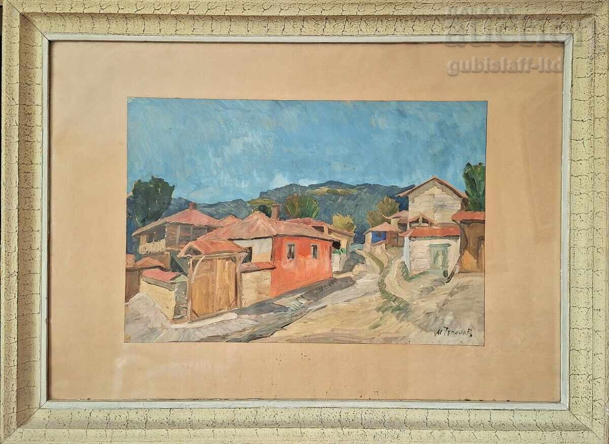 Tablou, peisaj, case vechi, pict. M. Chepanov (1926-2002)
