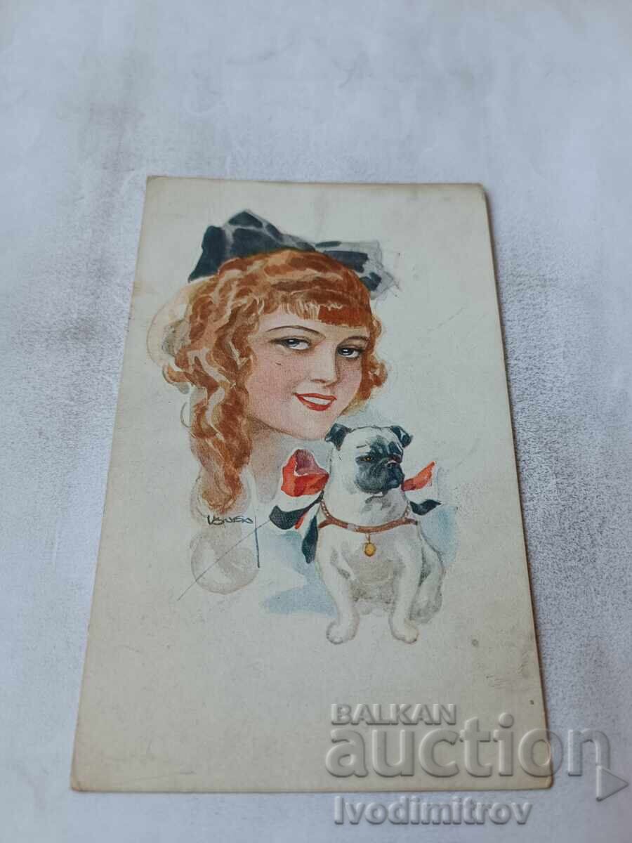 Carte poștală Fată tânără și câine 1917 Comisia de Cenzură
