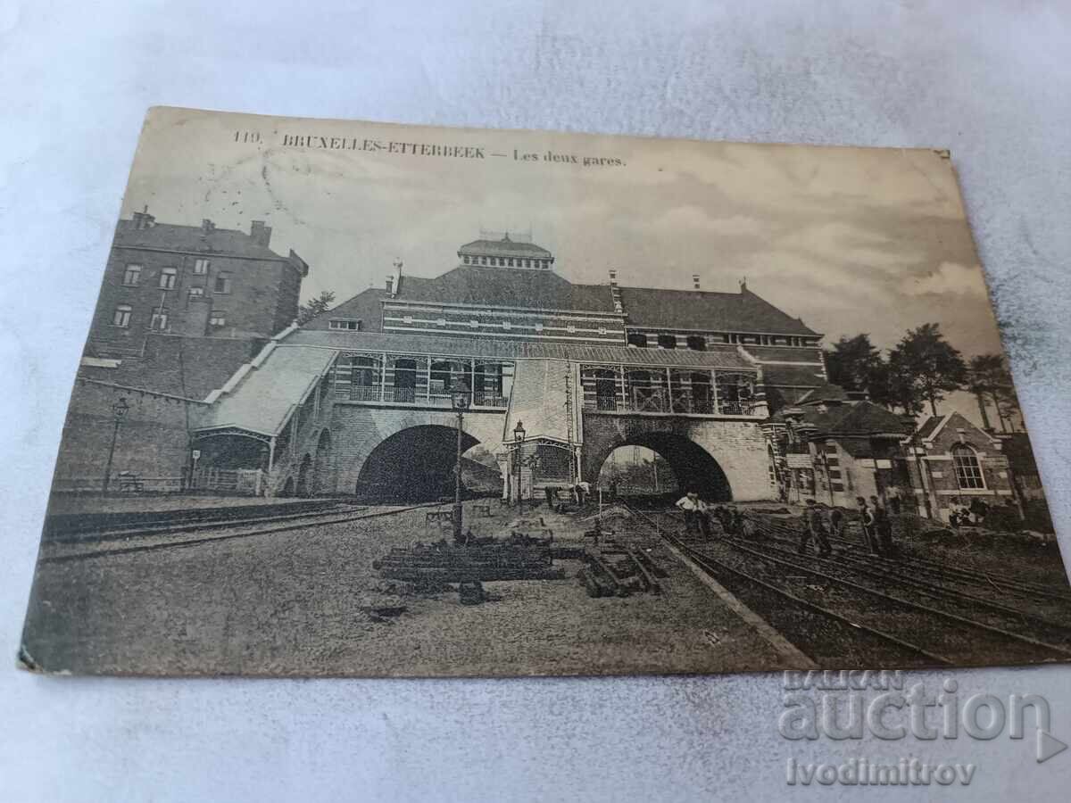 Carte poștală Bruxelles-Etterbeek Les Deux Gares 1911