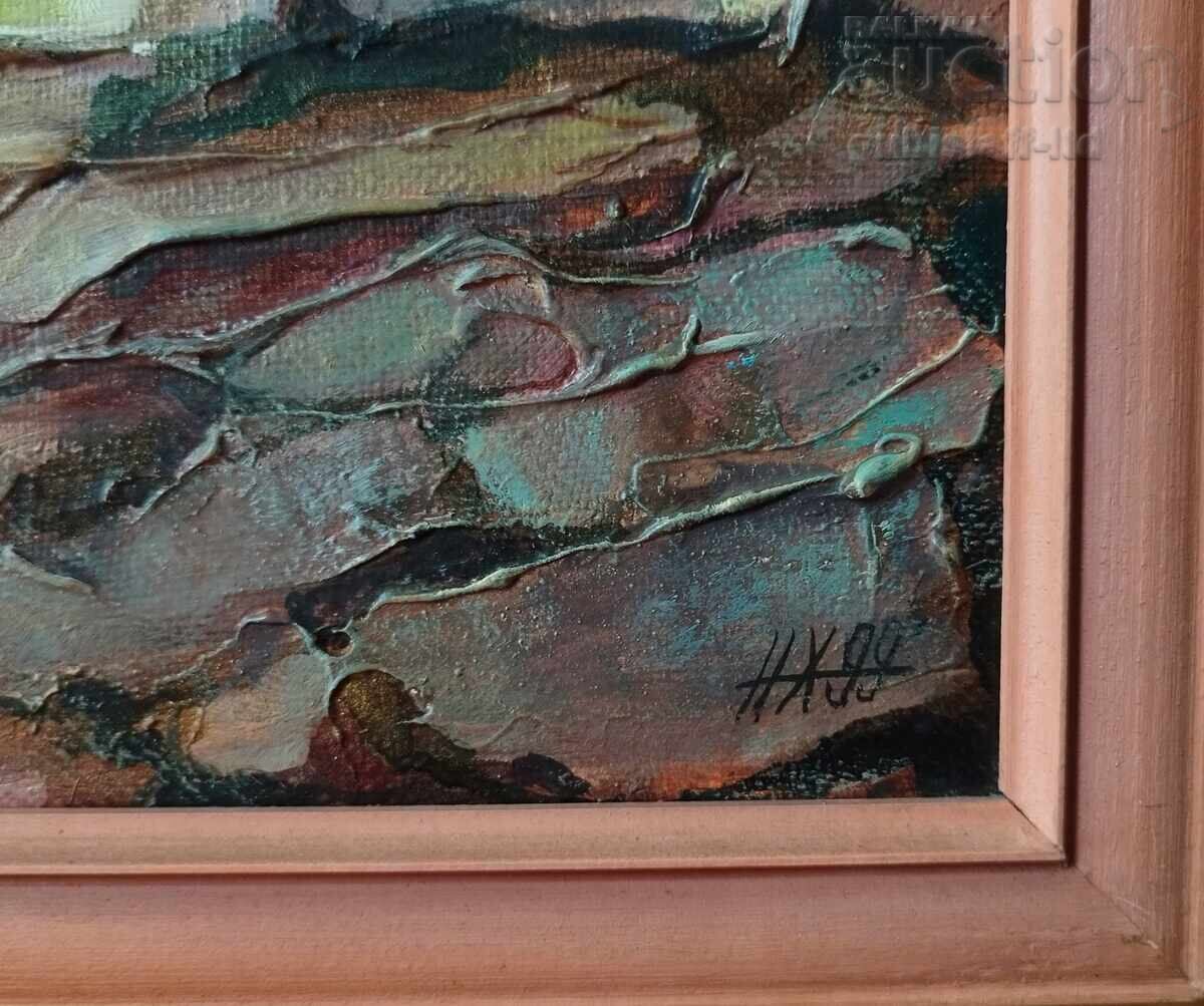 Licitație Tablou, peisaj, biserică, mare, pictor N. Hanzarov, 1999